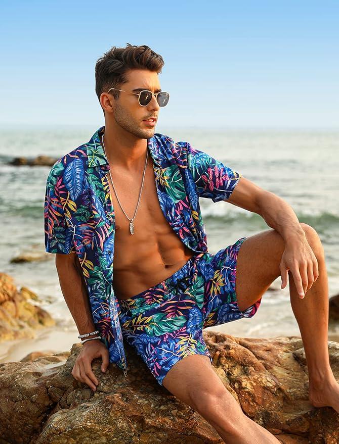 EISHOPEER Men's Flower Hawaiian Sets Casual Short Sleeve Shirt and Shorts Suits Outfits 5XL