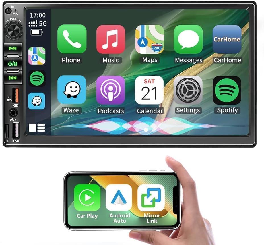 7 Inch Double Din Car Stereo for Wireless Carplay & Android Auto, Car Audio with 1024 * 600 HD Touch Screen  Mirror Link, Bluetooth5.2,2USB/AUX/TF,AM/FM Radio