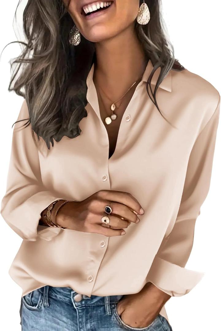 Zeagoo Satin Blouses for Women Silk Button Down Shirts Long Sleeve Business Casual Tops (Small, Champagne)
