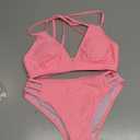 Fanuerg Women's Sexy V Neck Bikini Sets Hollow Out Two Piece Swimsuits Cutout Mid Waist Bathing Suit Coral Pink, XS
