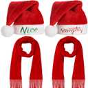 Haysandy 4 Pcs Naughty and Nice Plush Christmas Santa Hats with Scarfs for Holiday Xmas New Year (Red)