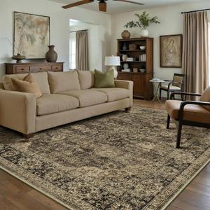 Retro Brown Area Rug 8x10 Machine Washable Living Room Rugs Distressed Vintage Floral Low Pile Carpet Bedroom Office Dining Room Laundry Room Non Slip Soft Lightweight