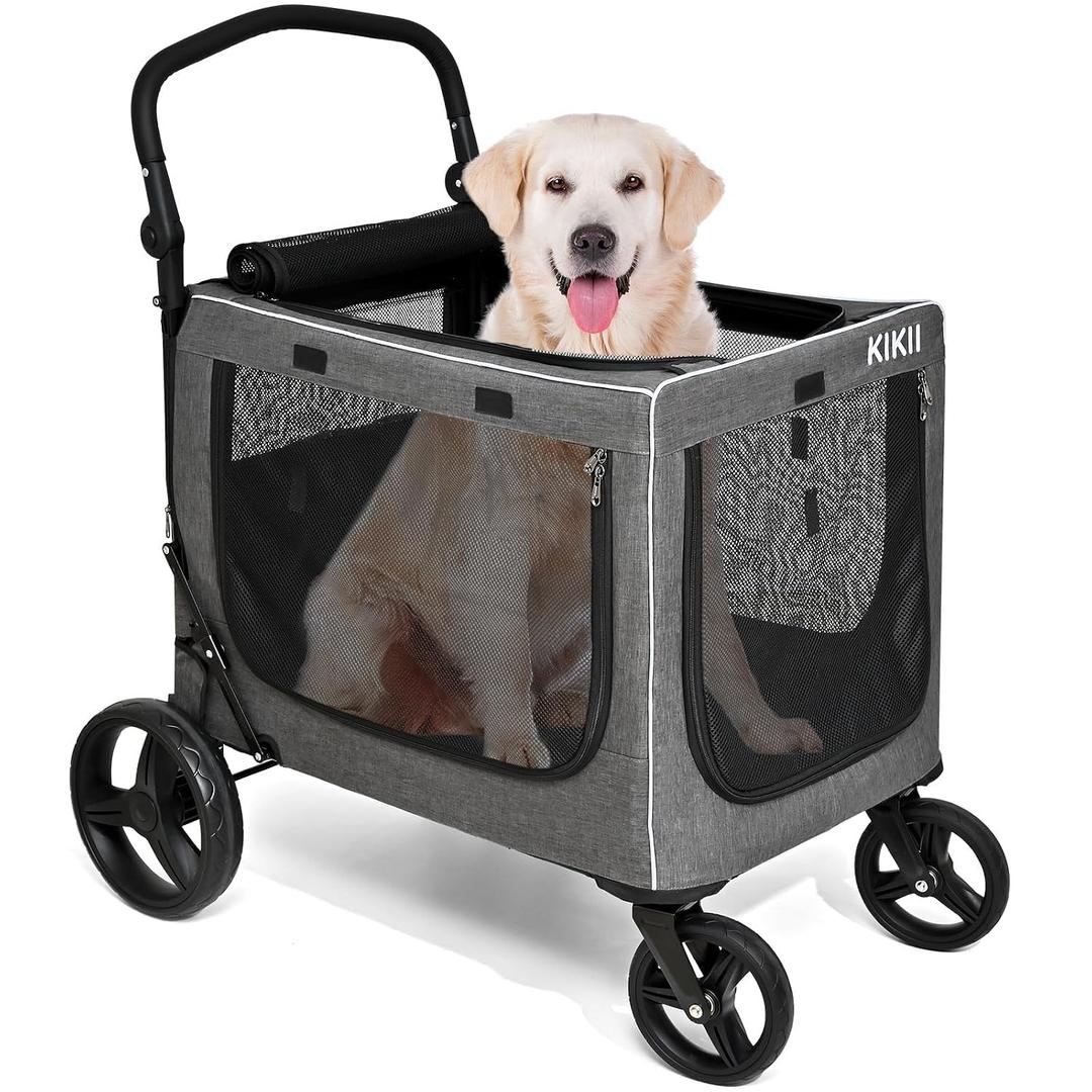 KIKII Extra Large Dog Stroller for Large & Medium Dogs, Adjustable Handlebar and Brakes, 4 Wheels, Reflective, Lightweight Folding, Breathable Mesh, 132 lbs Capacity, for Travel Walking Outdoor