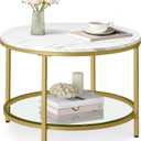 VASAGLE Round Coffee Table, 2-Tier Small Coffee Table with Faux Marble Top and Glass Shelf, Modern Style, for Living Room, 25.6 x 25.6 x 18.1 Inches, Marble White and Pale Gold ULCT072W59