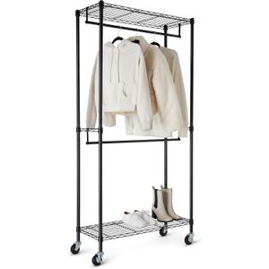 Amazon Basics Adjustable Double Rod Rolling Garment Rack, Hanging Clothes Closet Organizer with Wheels, Heavy Duty, 36" x 14" x 72", Black