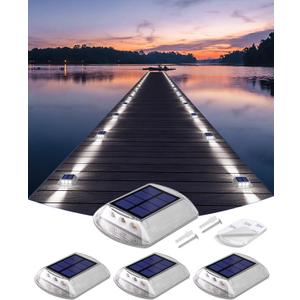 DetarZinLED Deck Lights Solar Powered, 4 Pack White Solar Pathway Driveway Light Outdoor IP68 Waterproof, Stick on & Screw Markers Deck Lights for Dock, Walkway, Sidewalk, Patio, Pool, Garden, Step