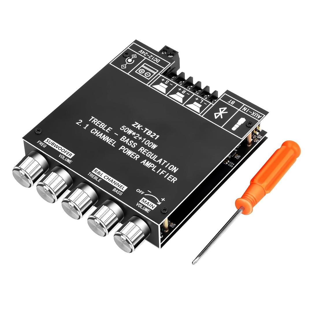 Daakro ZK-TB21 Bluetooth Amplifier Board,50W+50W+100W 2.1 Channel Subwoofer Amp Board with Treble and Bass Control,DC 12-24V, Bluetooth and AUX Inputs, DIY Wireless Speakers AMP Board, Password Free