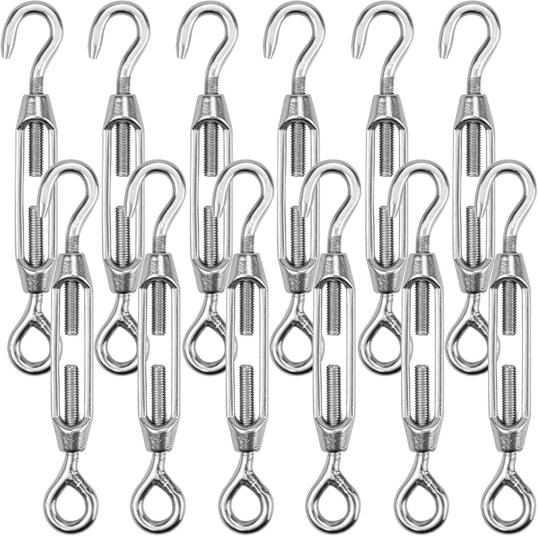 Hedume 12 Pack M4 Hook & Eye Turnbuckle for Cable Wire Rope Tension, 304 Stainless Steel Heavy Duty Wire Rope Tension for DIY String Light Picture Hanging, Garden Wire, Fence Gate Wire, Tent Rope