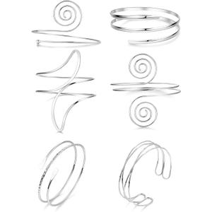 REVOLIA 6Pcs Gold Arm Cuff Open Upper Arm Band Cuff Bangle for Women Adjustable Arm Cuff Bracelet Minimalist Coil Leaf Armband Set, Silver
