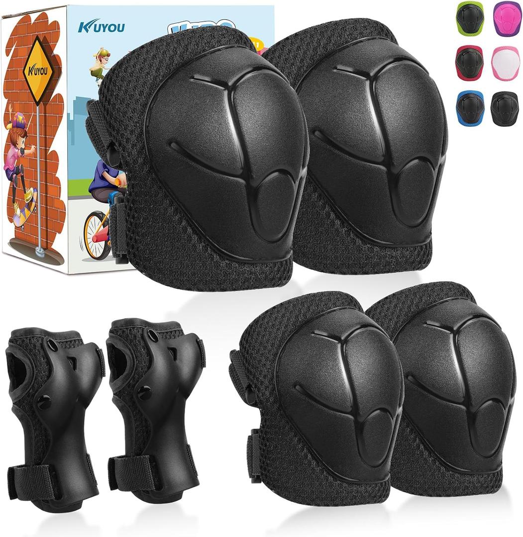 KUYOU Kids Knee Pads Elbow Pads Guards Protective Gear Set Safety Gear for Roller Skates Cycling BMX Bike Skateboard Inline Skatings Scooter Riding Sports. (Medium, Black)