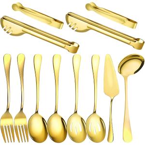 12 Pcs Gold Serving Utensils Set Include Stainless Steel Large Serving Spoons Slotted Spoons Forks Soup Ladle Pie Server - Metal Utensils for Parties Buffet Catering, Dishwasher Safe