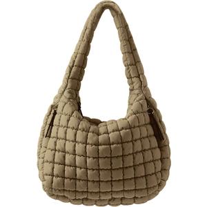 Puffer Quilted Shoulder Bag for Women Padding Shoulder Bag Puffy Hobo Bag Trendy Tote Bag 2025 (Large, Brown)