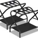 Luggage Rack Set of 2, Foldable Suitcase Stand with Fabric Storage Shelf Easy Assemble Metal Luggage Holder with Straps for Guest Room Bedroom Hotel, Black