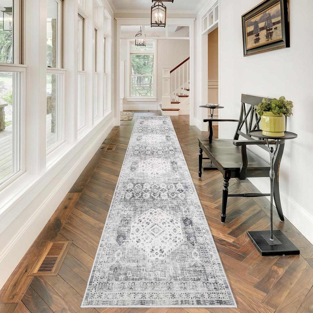 RUUGME 2'6x12 Hallway Runner Rug - Vintage Washable Kitchen Rugs with Non Slip Backing Soft Stain Resistant Carept for Living Room Bedroom Indoor Home Decor Floor Mat for Bathroom (2'6''x12', Grey)