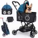 Pet Stroller for Small/Medium Dogs & Cats Up to 50 lbs, 3-in-1, Lightweight, Detachable Carrier, 360 Mesh Windows, Easy One-Click Fold, Reflective Trim, Storage Bag & Basket, Cup Holder, All-Terrain (Black Teal Turquoise)