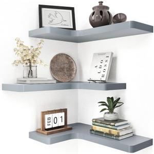 fuqing Corner Floating Shelves, Wall Shelf Set of 3, Shelves for Wall Storage, Solid Wood Shelves for Storage, Wall Mount Wooden Display Shelf for Bathroom Bedroom Kitchen Garage, Dark Grey