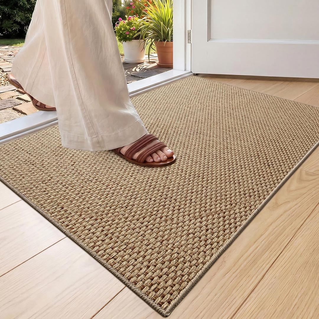 Color&Geometry Ultra-Thin Indoor Door Mat, 24"x36" Low-Profile Non-Slip Entryway Rug with Modern Geometric Texture, Washable Doormat for Indoor Entrance, Heather Dark Beige (Rolled-up NO Creases)