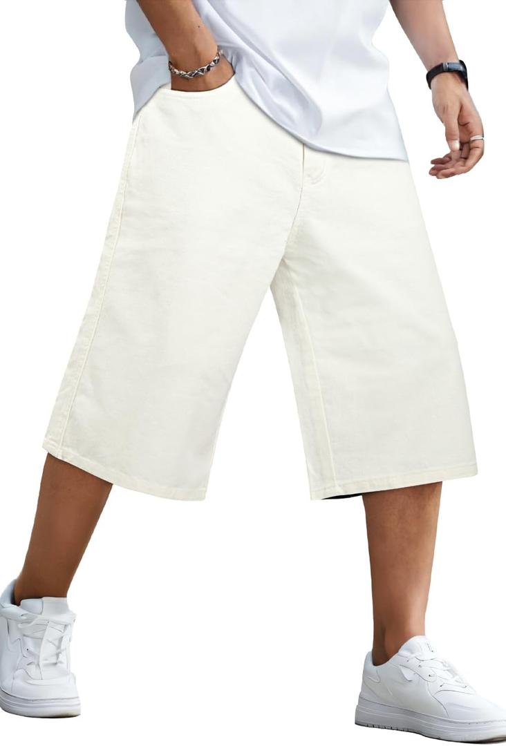 GINGTTO Mens Baggy Jean Shorts Loose Fit Long Denim Shorts Below Knee 15 Inch Inseam (44, White)