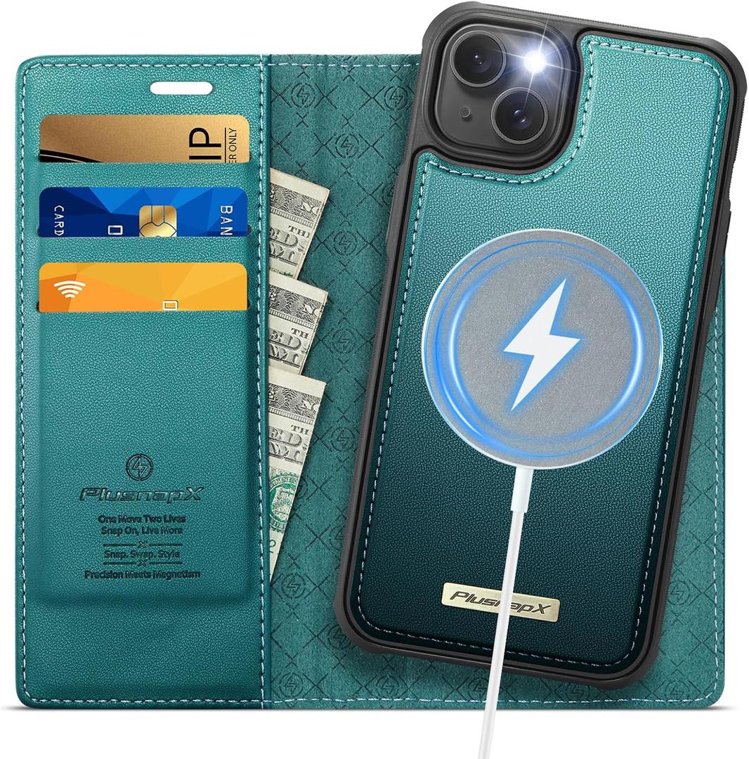 Wallet Case for iPhone 13 Compatible with Magsafe, 2-in-1 PU Leather Flip RFID Blocking Card Holder Stand Shockproof Magnetic Detachable Cover for iPhone 13 Case 6.1", Bluegreen