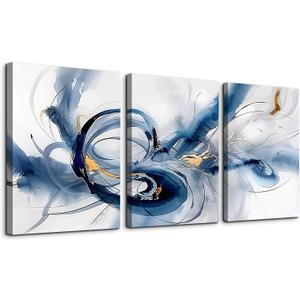 TTHYUEWS Abstract Wall Art For Living Room Canvas Wall Decor For Bedroom Office Decorations Minimalist Art Wall Pictures Blue Abstract Ink Wall Paintings Posters Modern Home Decor Artwork 3 Pieces