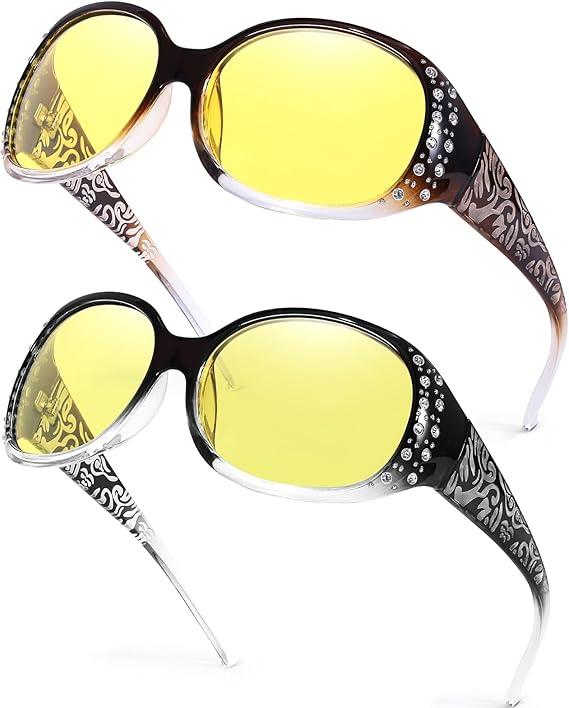 Women's Night Vision Glasses for Driving - Polarized Yellow Lens Reduce Headlights Glare UV Protection H8161