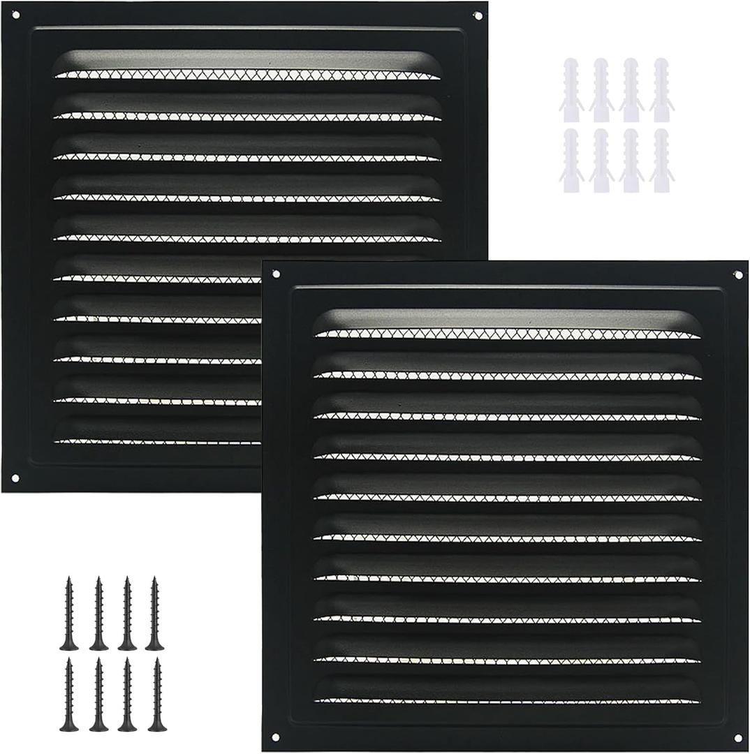 2pcs Attic Vent Soffit Vent Aluminum Wall Vent Metal Shed Vent Square Vent Louver Vent Grille with Built-in Insect Screen for Exterior Door House Attic Garage Ceiling (Black 8" x 8"-2 Pack)