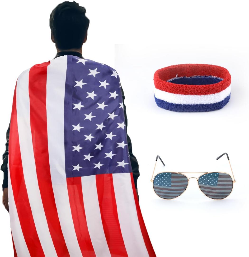LUTER 3PCS Accessories for 4th of July, American Flag Costume Cape, Retro 80's American USA Sunglasses and Red White and Blue Bandana Headband, Outfits for Independence Day for Adult Men Women