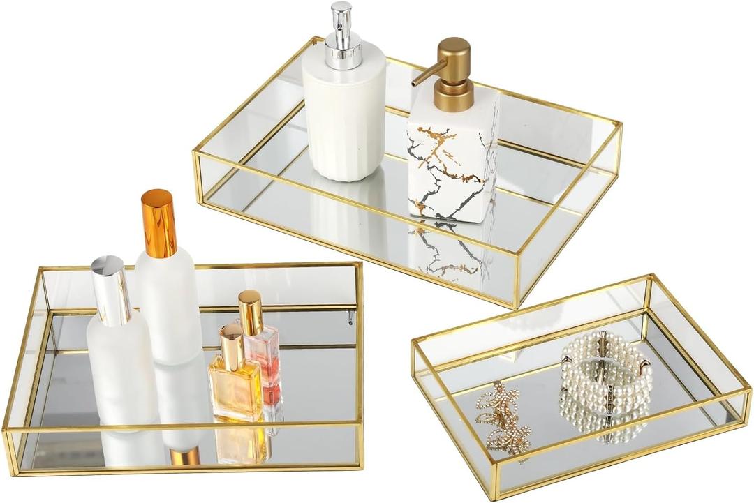 3 PCS Mirror Glass Vanity Tray Set, Golden Metal Edge Decorative Dresser Trays with Velvet Bottom, 3 Sizes Rectangular Makeup Perfume Jewelry Organizer for Bedroom Bathroom