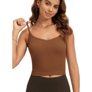 ODODOS Seamless Sweetheart Neck Crop Tank for Women Ribbed Strappy Racerback Cropped Cami Tops, 1-Pack, Clay, (L)