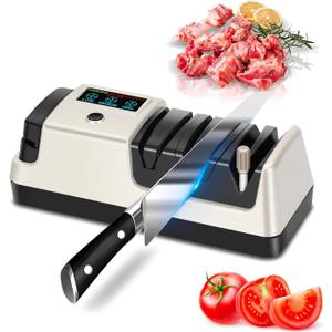 Electric Knife Sharpener 5-in-1 Kitchen Knives Sharpeners with 100% Diamond Abrasives, 3-Speed Variable with LCD Screen for Serrated Lawn Blades Edges, Scissors & Axe, Silvery