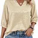 Cicy Bell Womens 3/4 Sleeve Sparkly Tops Metallic Casual Blouses Loose Fit Collared V Neck Glitter Party Shirts (Gold)