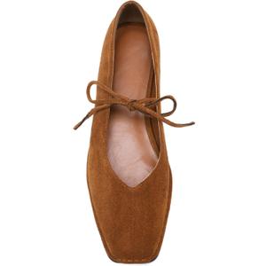 Lace Up Square Toe Ballet Flats for Women Cute Bow Slip On Mary Jane Flats Casual Ballerina Shoes (7, Suede-brown)