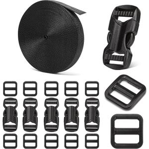 BEYOURD 5/8" Buckle and Strap Set: 6 Yards of Thick Nylon Webbing, 6 Pack Quick Side Release Adjustable Plastic Buckles, 12 Tri-Glide Slide Clips, Black (5/8 Inch Combo Set)