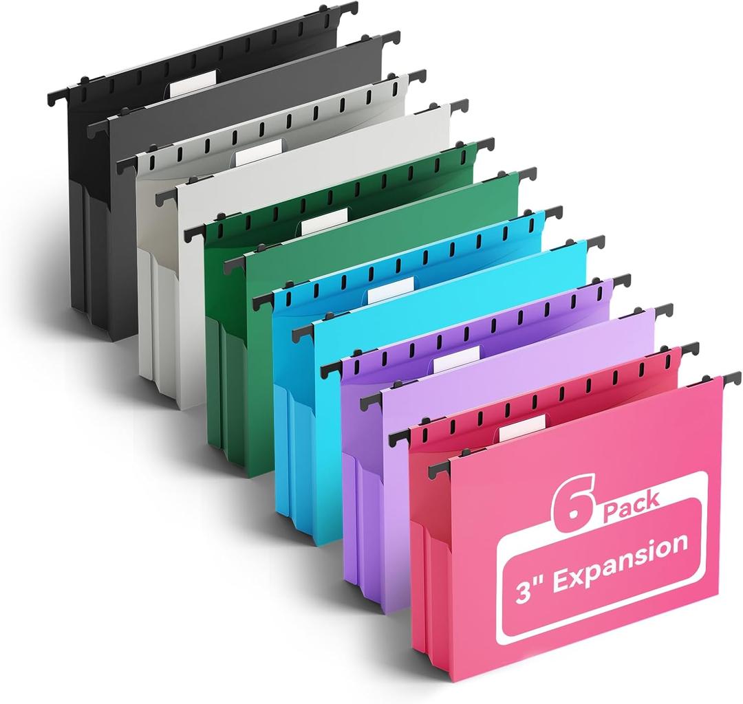 Plastic Hanging File Folders Letter Size,Heavy Duty 3 Inch Expansion Folder,6 Pack Reinforced Expanding File Folder,Extra Capacity Accordian Pocket,Colored Hanging Folder Organizer for Home Office (Multicoloured)