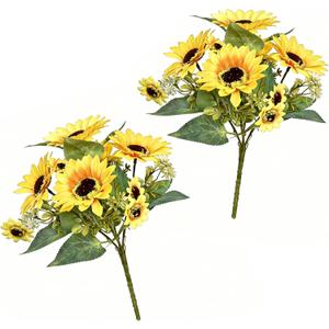 2 Pack 12’’Artificial Sunflower Bouquets – Faux Sunflower Stems with 5 Large Sunflower Heads, 6 Small Daisies & Green Leaves, Fake Flowers for DIY Home Office & Farmhouse Décor