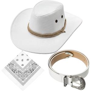 Haysandy Men Cowboy Costume Hat with Bandana Belts Cowboy Cowgirl Hat Wide Cowgirl Brim Costume Accessories (White)