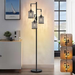 GyroVu Crystal Floor Lamps for Living Room, 3-Light Black Floor Lamp, Standing Tall Lamp with Elegant K9 Crystal Shade & Rotary Switch, Modern Corner Floor Lamp for Bedroom, Home Office, Reading