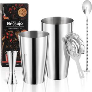 Boston Cocktail Shaker Set, 4-Piece Bar Tools Set, Professional Bar Set with Boston Shaker, Bar Spoon, Jigger, Hawthorne Strainer, Stainless Steel, Dishwasher Safe, Ideal Bartender Kit for Bar (Silver)