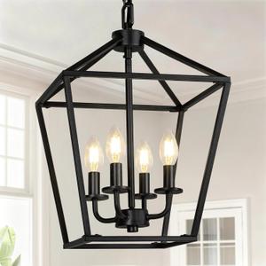 4 Light Chandelier, Industrial Ceiling Light Black Lantern Light Fixtures with Farmhouse Metal Cage Adjustable Height Rustic Geometric Hanging Light E12 Base for Kitchen Island, Entryway, Indoor