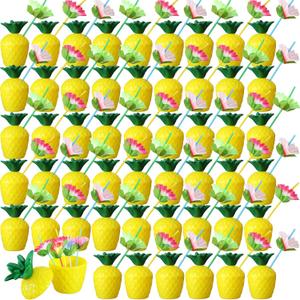 Nuenen 60 Pcs Pineapple Cups Plastic Pineapple Cups with Lids Hibiscus Straws Hawaiian Luau Cups with Palm Leaves Pineapple Drink Cups Tiki Cups for Tropical Luau Aloha Beach Theme Party Supplies