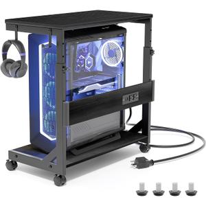 Height Adjustable Computer Tower Stand with Charge Station and USB Charging Port, 2-Tier ATX-Case Cart, Under Desk Mobile PC Stand, CPU Holder Cart with Locking Caster Wheels for Fits Most PC (Black)