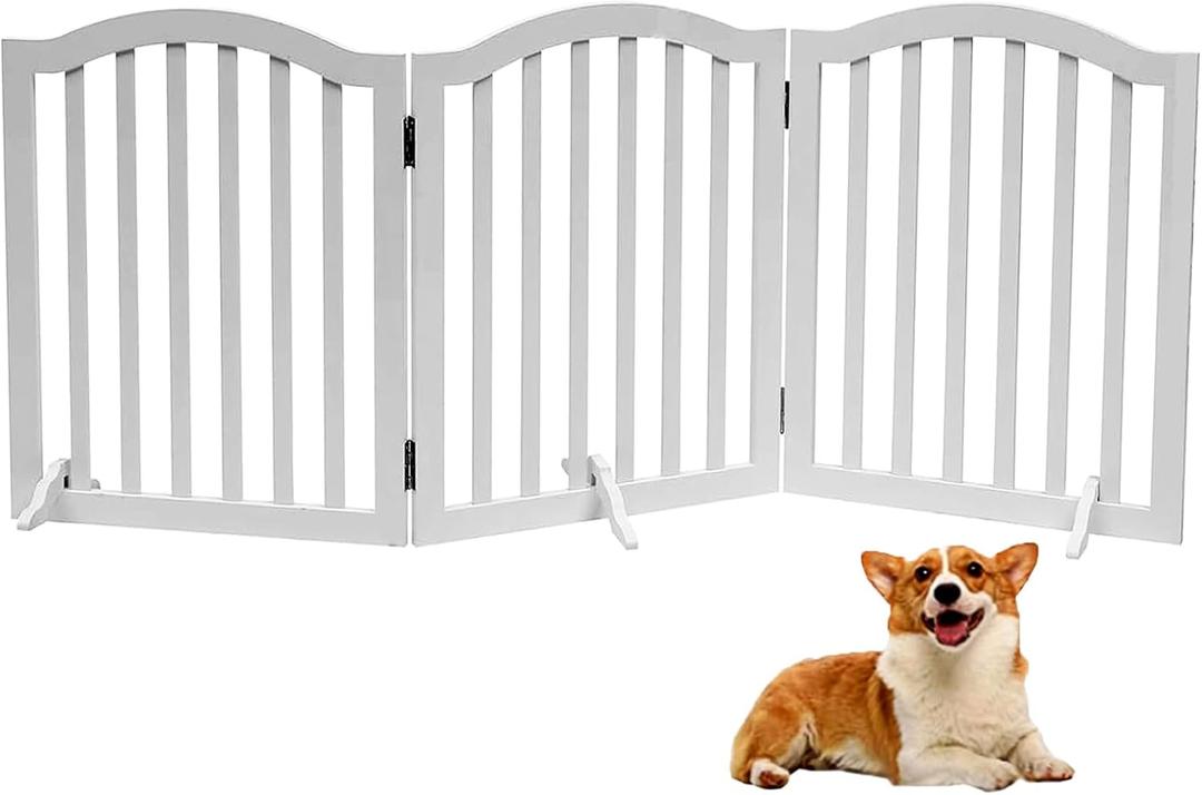 Foldable Wooden Dog Gate - 3-Panel Freestanding Pet Fence, 23.6 Inches, White - Suitable for Doorways & Stairs, Also Works as Baby Gate.