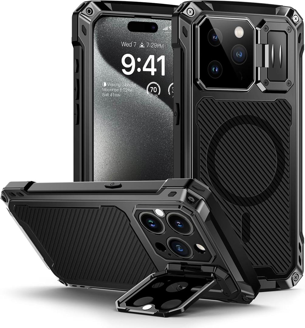 Lanhiem for iPhone 15 Pro Max Metal Case, [Built-in Camera Kickstand & Glass Screen Protector] Protective Heavy Duty Full Body Military Rugged Shockproof Magnetic Cover (Black)