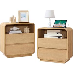 Modern Nightstand Set of 2, 23.2" Large Wood Bedside Table with Charging Station & Curved Profile, 2 Storage Drawers Side Table, Mid-Century End Table Night Stand for Bedroom Sofa Natural