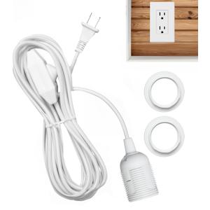 Fabric Cord for Hanging Pendant Lamp Fixture, Lampshades 15 Feet Decorative Braided Flexible Cable E-26/ E-27 Light Bulb Socket & 2 Prong Flat Plug Dimmer Switch with Knob DIY Projects - White