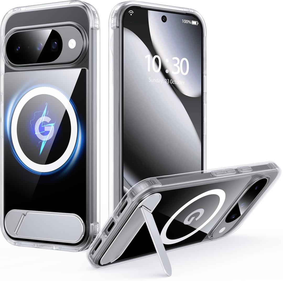 FNDMIL for Google Pixel 10 Case/Pixel 10 Pro Case with MagSafe[Invisible Kickstand][Charge While Standing][Military Shockproof][Anti-Yellowing] Clear Silicone Bumper Pixel 10/10 Pro Case,Clear