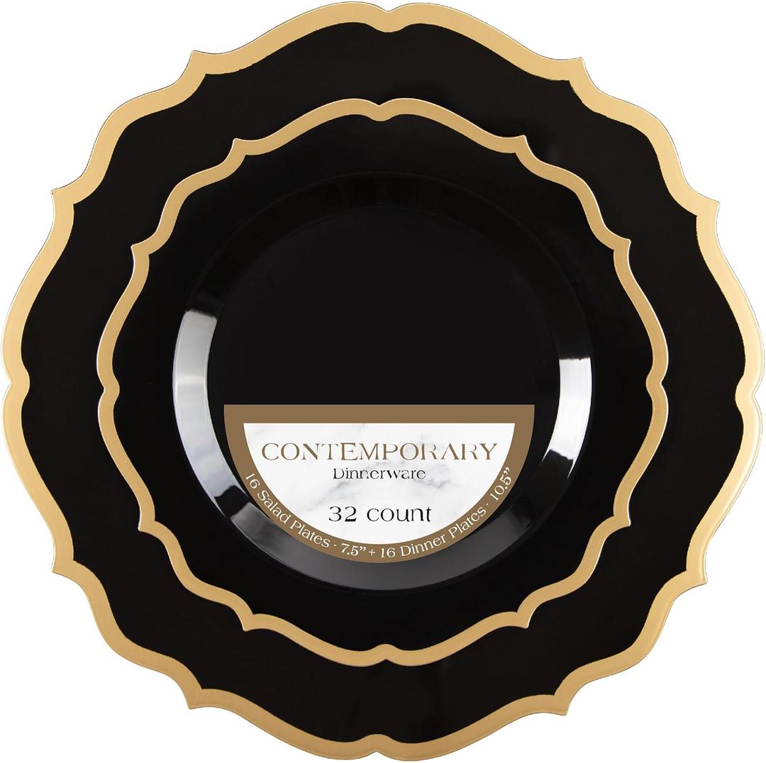 PLASTICPRO 32 Pack Elegant Disposable Plastic Plates Combo Set Includes 16 Dinner Plates and 16 Salad Plates Heavy Duty Fancy Party Plates Black & Gold Contemporary Design