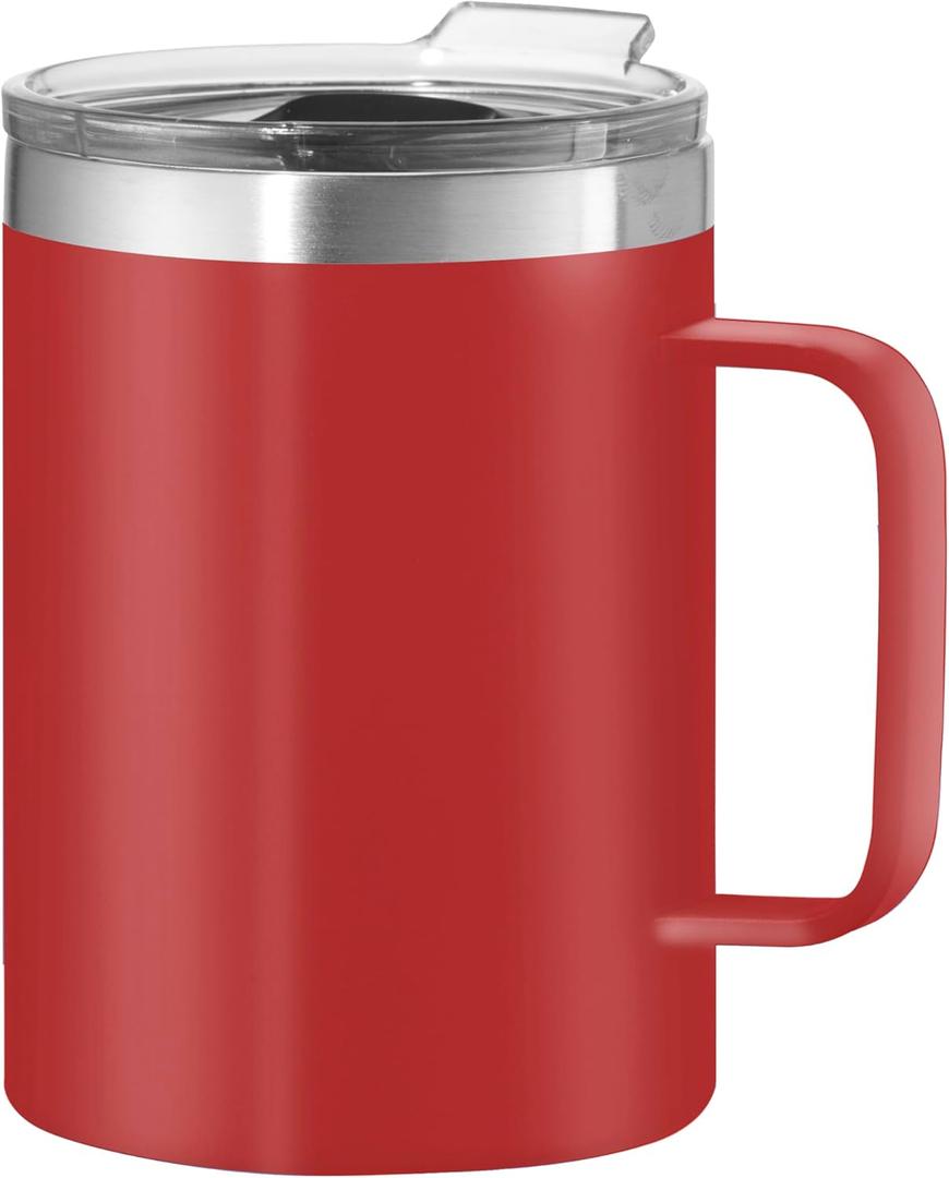 OGGI ThermoMug Stainless Steel Insulated Mug- Double Wall Vacuum Insulated w/Handle & Lid, Coffee Cup, Camping Mug, Travel Thermos, 14oz(420ml), Red (14 Ounces)