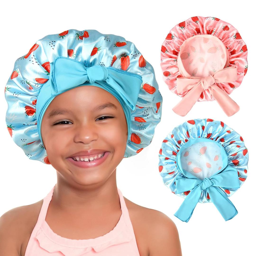 YANIBEST 2 PCS Baby Bonnet Silk Satin Bonnet for Kids Sleeping Cap Curly Natural Hair Silk Bonnets for Girls Boys Infant (5-12 Years, Blue+pink)