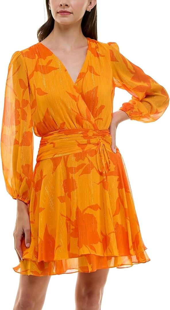 Maison Tara Women's Tropical Print Ruched Yoke Wrap (6, Cantalope/Tangerine)